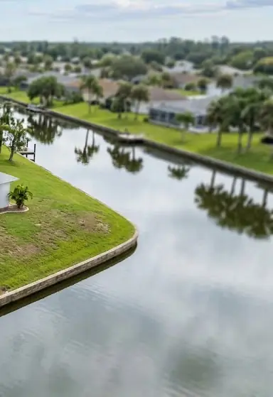 Seen from above: a saltwater canal lined with seawalls, lawns and palm trees, with homes on both banks