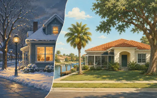 Illustration in two halves: a snowy northern street at dusk on the left, a sunny Florida home with a palm and a canal on the right
